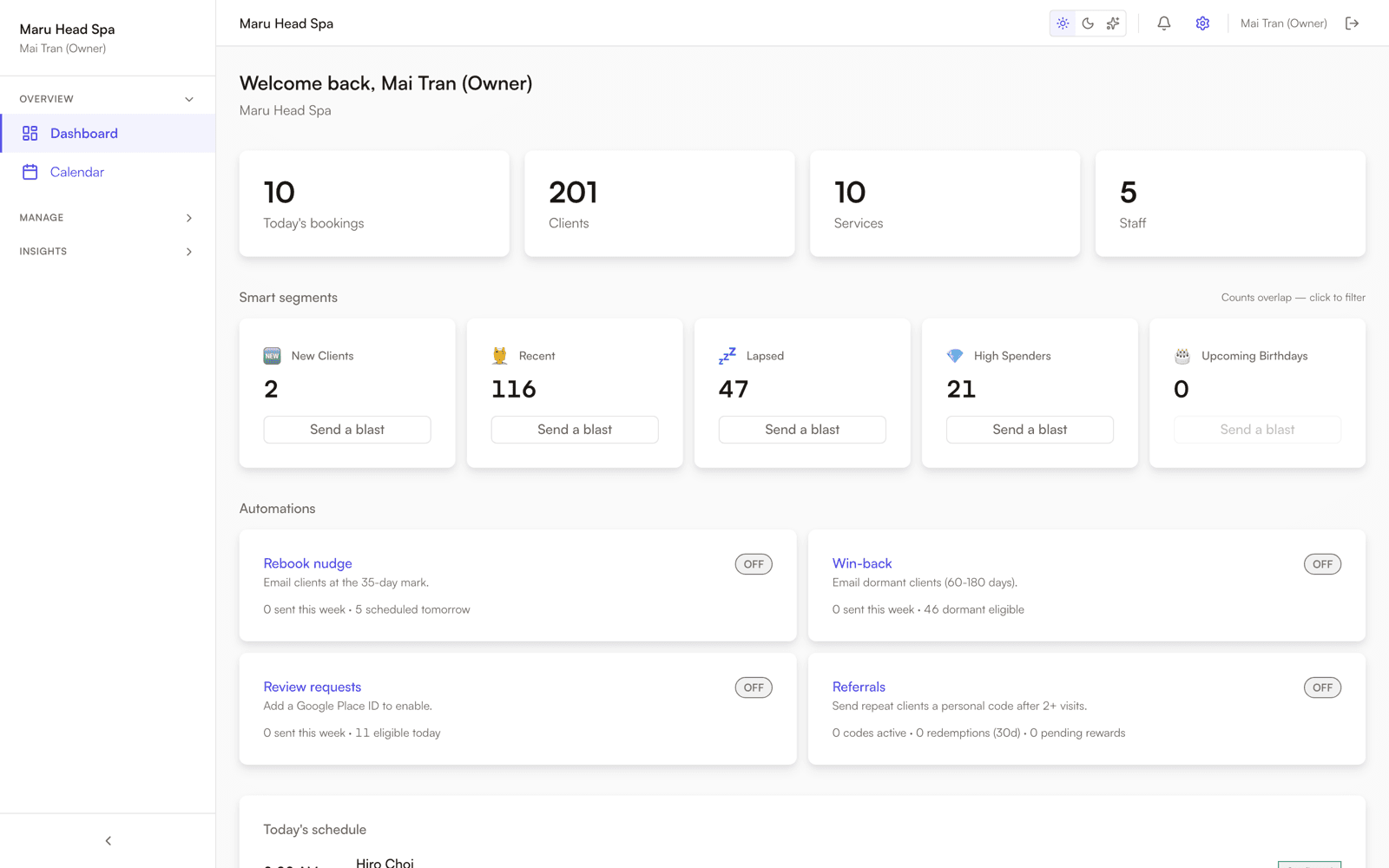 Scalp Boss owner dashboard — the day's appointments, revenue, and client activity in one view