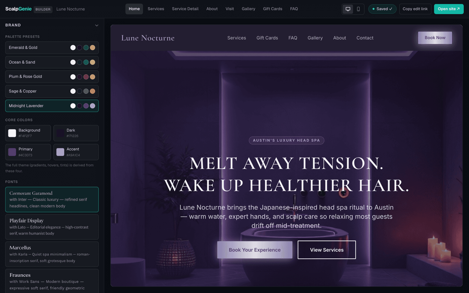 The Scalp Genie website builder editing interface