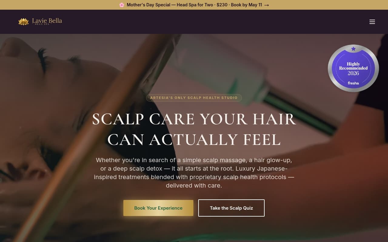 Lavie Bella Head Spa website homepage, live at laviebella.com